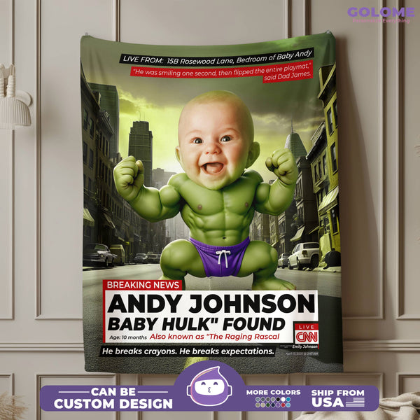 Personalized Baby Hulk Blanket – Custom CNN Superhero News Design with Photo & Quote